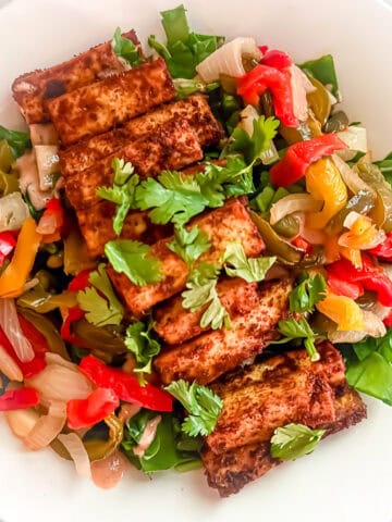 Prepared Tofu with Salad -- Fajita Edition in a bowl.