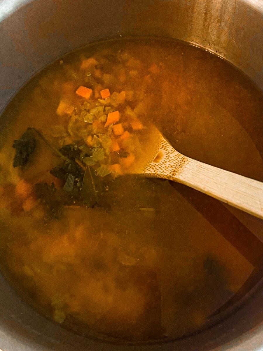 a pot of chicken broth, parsley, carrots, onions, celery and chicken cooking with a wooden spoon in it.