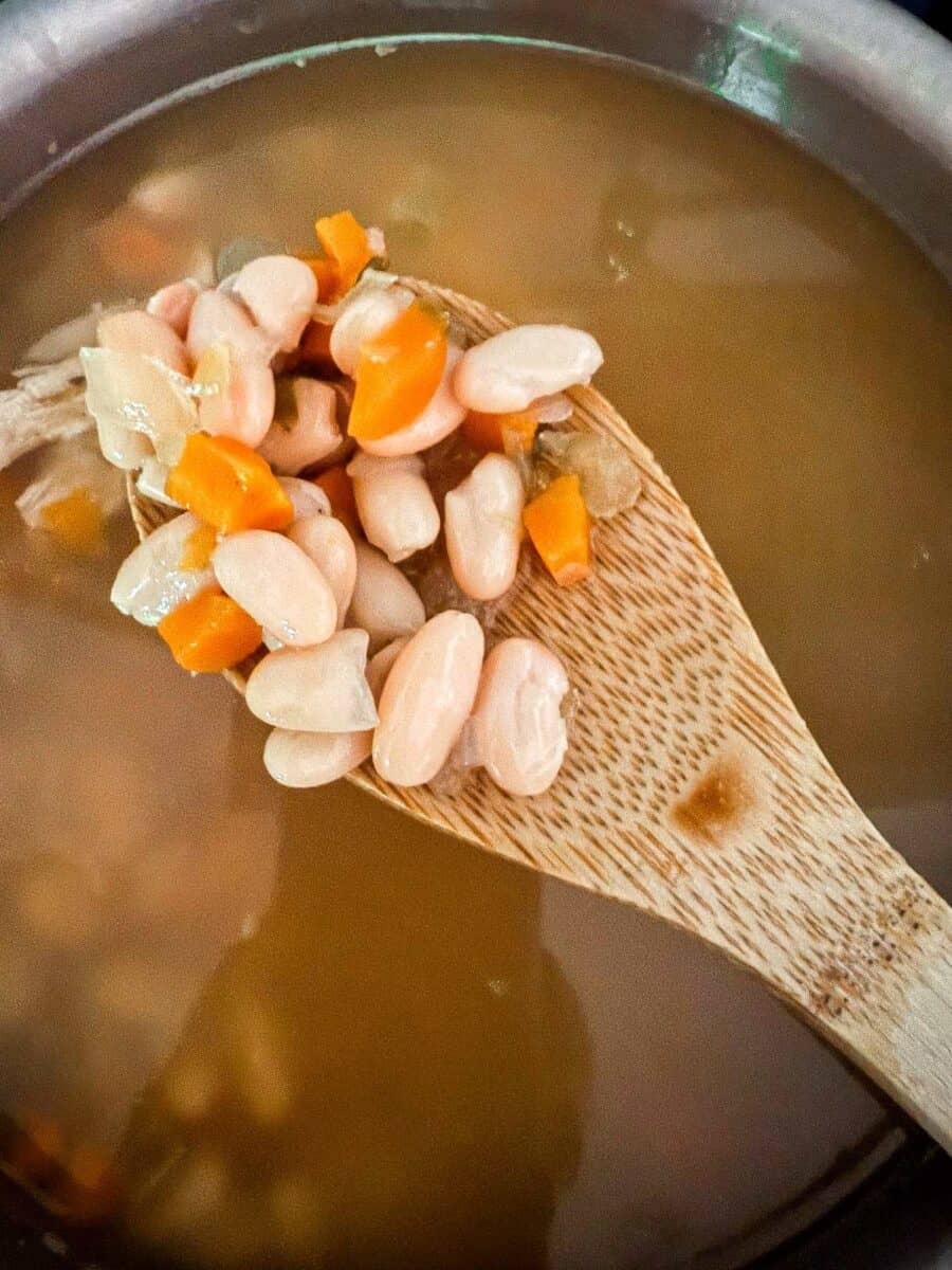 beans, onions, celery, and carrots on a wooden spoon with the pot of chicken bean soup in the background.