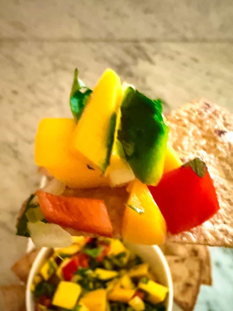 A whole wheat tortilla chip with mango jalapeno salsa on it