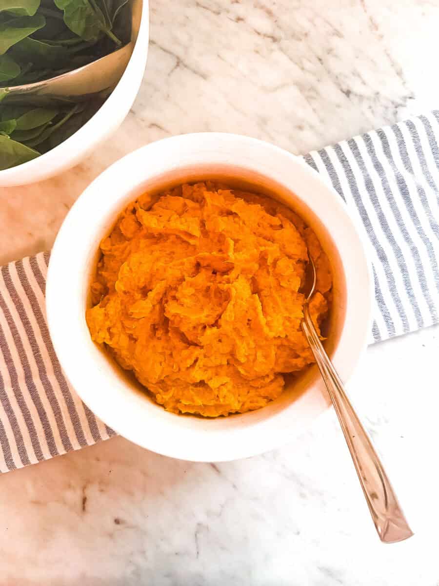 Creamy roasted gluten free sweet potato casserole for a healthy Mediterranean Diet Thanksgiving recipe or dairy free sweet potato casserole side dish.