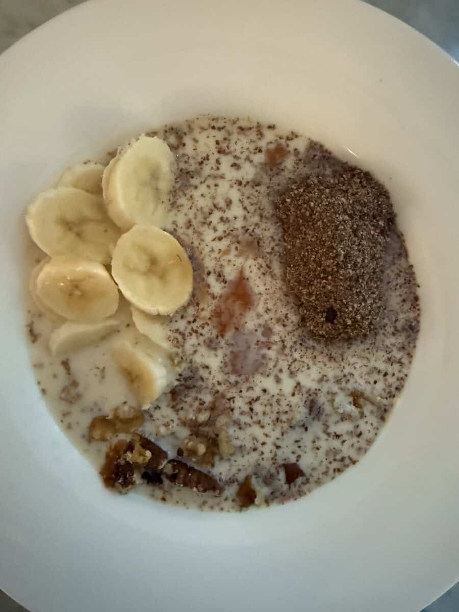 Mediterranean diet breakfast power bowl ingredients before being cooked in a white bowl