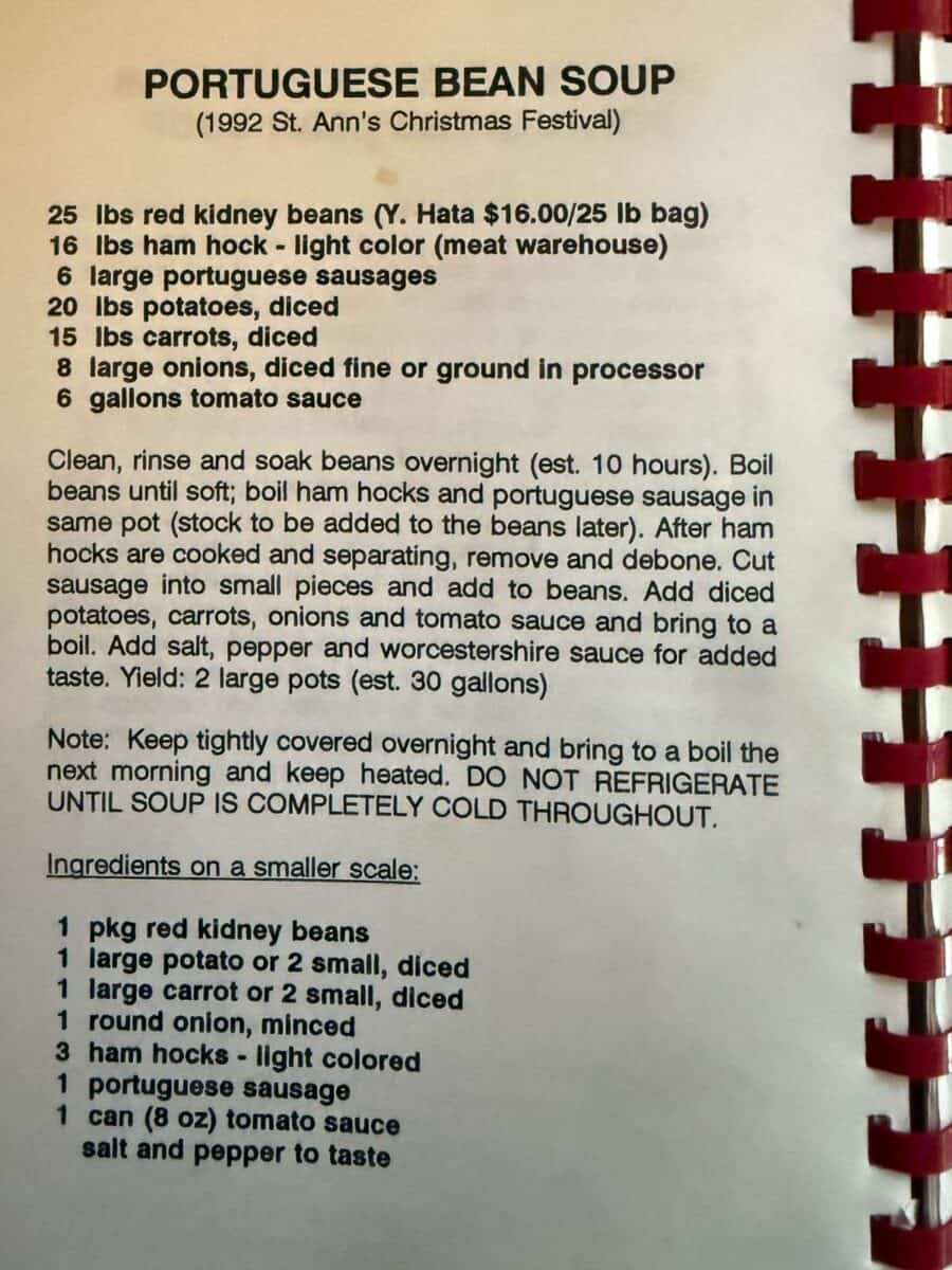 The original St. Ann's Portuguese Bean Soup recipe.