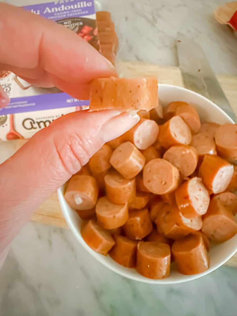 AmyLu's Andouille chicken sausages sliced into bite sized pieces.
