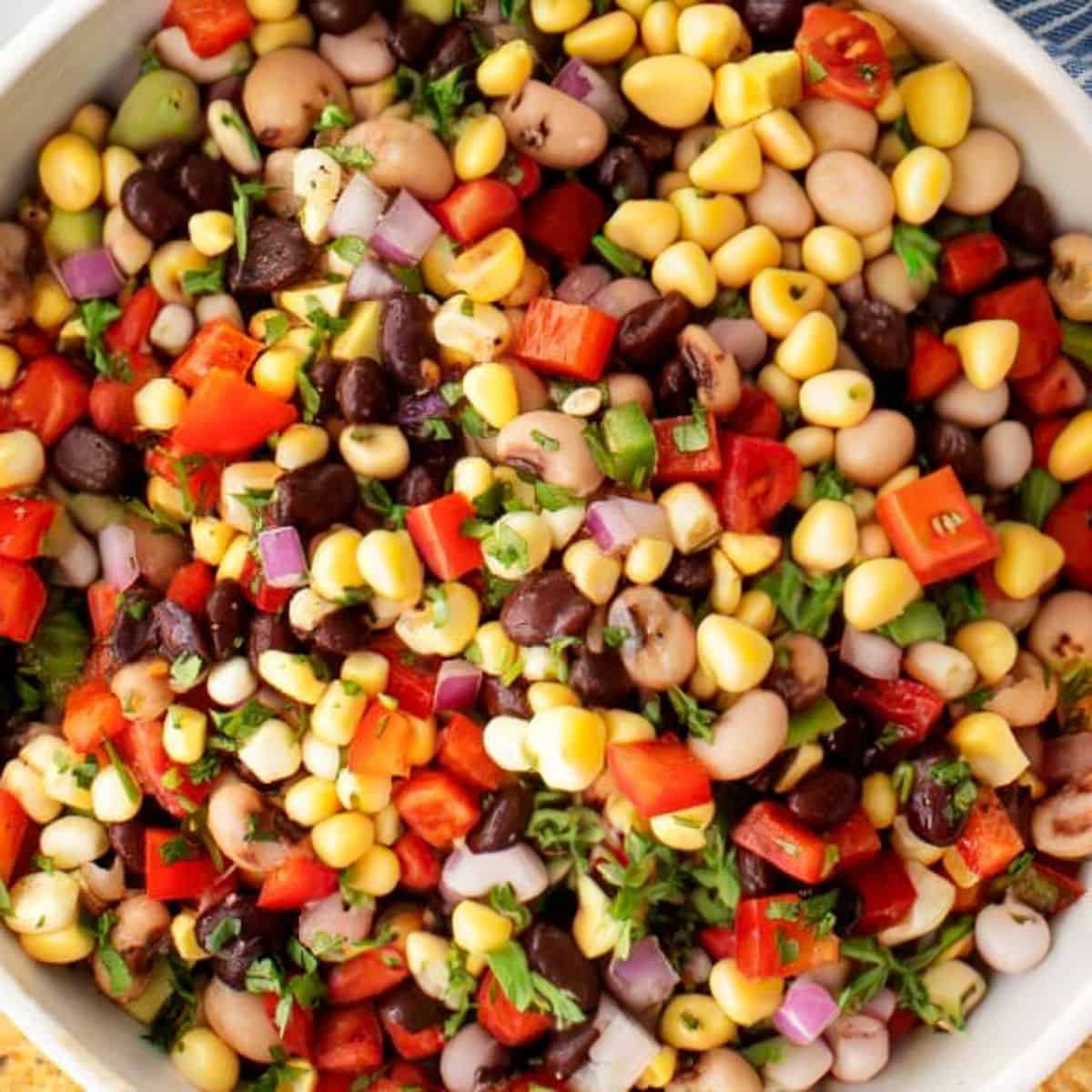 Beans, tomatoes, peppers, cilantro, corn mixed together.