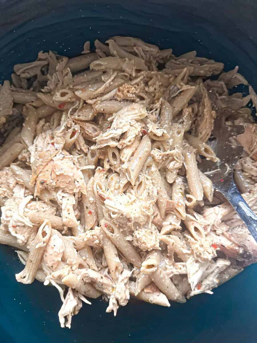 Crock Pot Garlic Parmesan Chicken Pasta in a crockpot