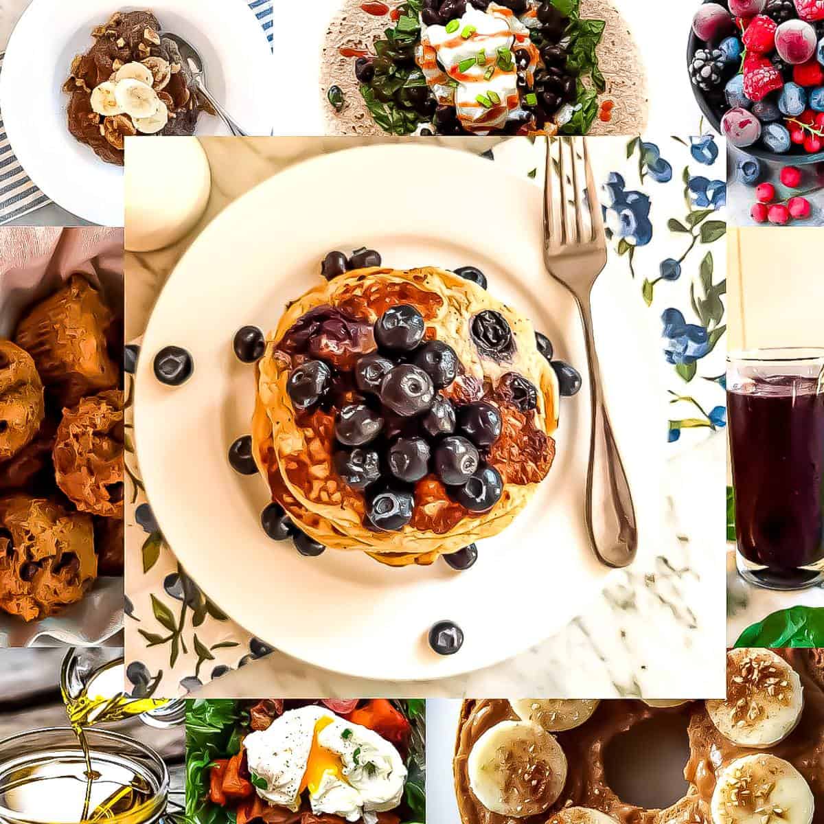 Mediterranean diet breakfast ideas including pancakes yogurt fruit smoothies muffins flax seed and whole grain breakfasts