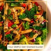 A big bowl of Mediterranean Diet Kale Salad with whole grain noodles, broccoli, kale, carrots, cabbage, and peppers. The text overlay says Mediterranean Diet for Beginners You SIMPLE Get-Started Guide with the Mediterranean for Life logo below.