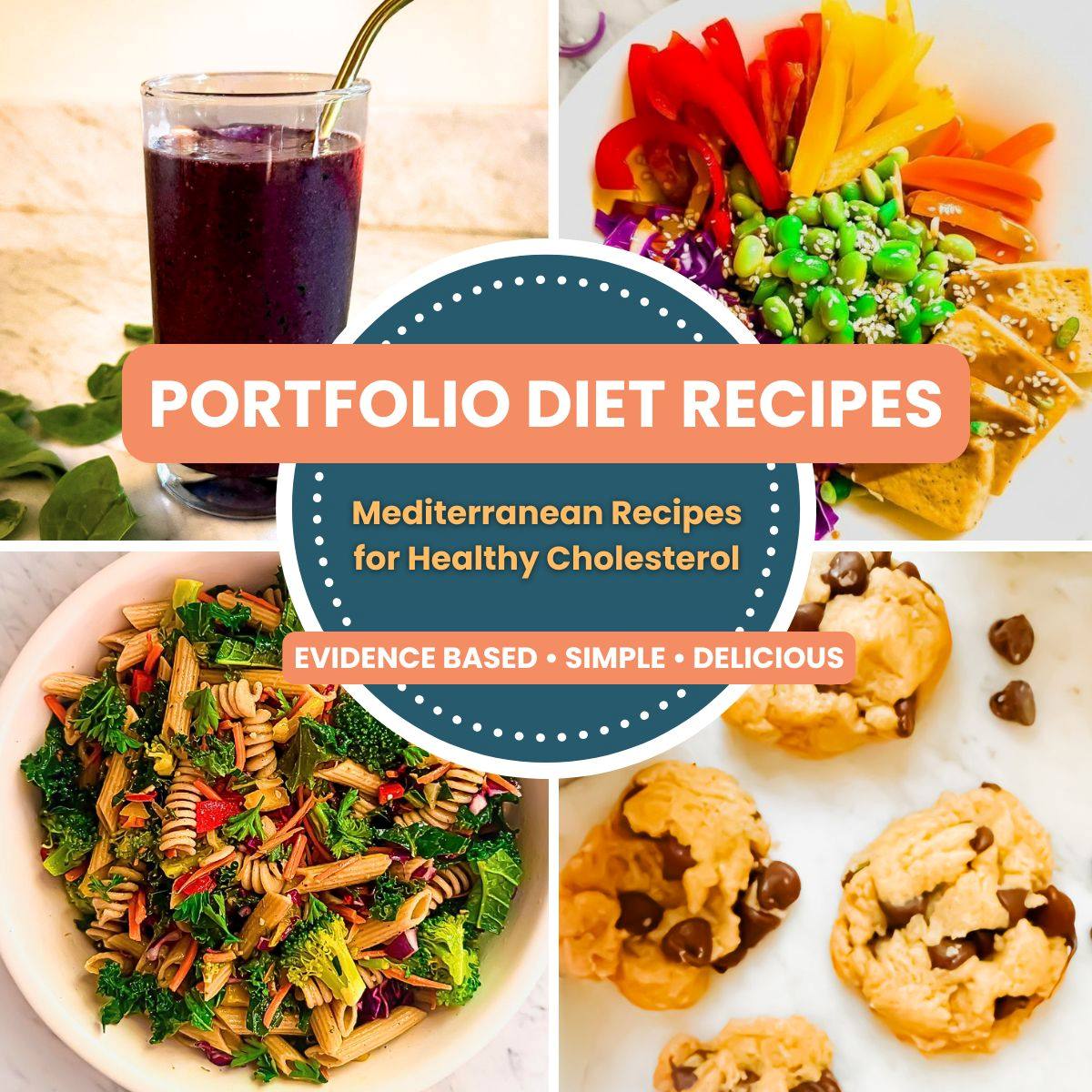 Portfolio diet recipes including a mediterranean diet smoothie, asian buddha bowl, mediterranean pasta salad, and dairy free chocolate chip cookies. Text overlay reads Portfolio Diet Recipes. Mediterranean Recipes for Healthy Cholesterol. Evidence Based, Simple, Delicious.