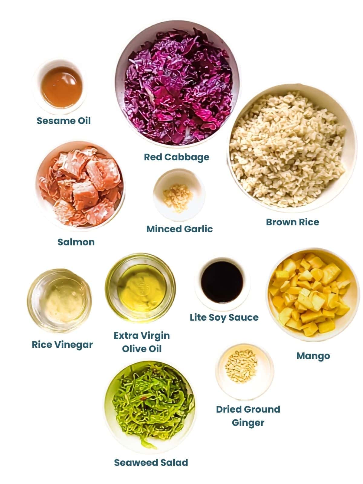 Cooked salmon poke bowl ingredients including salmon, brown rice, red cabbage, mango, seaweed salad, and sesame ginger dressing ingredients.