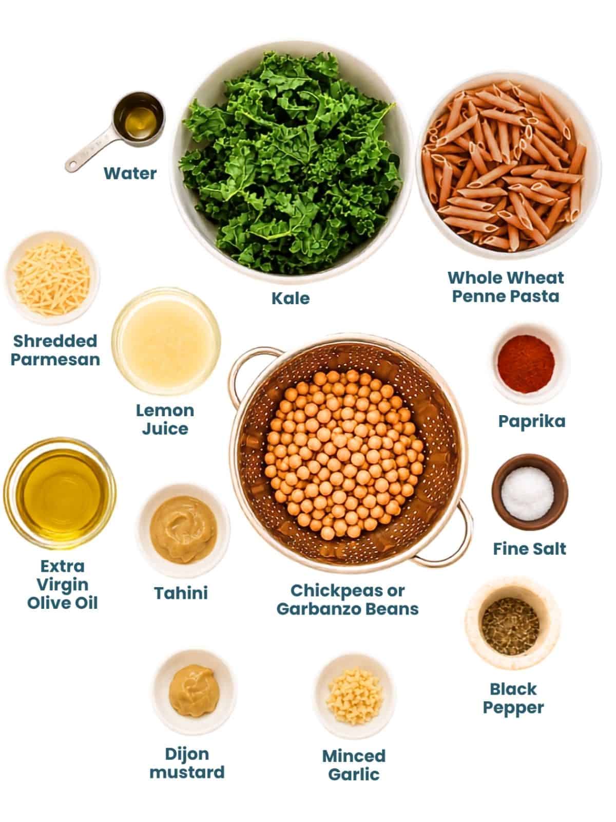 Images of the ingredients for Kale Pasta Salad with their labels on a white background.