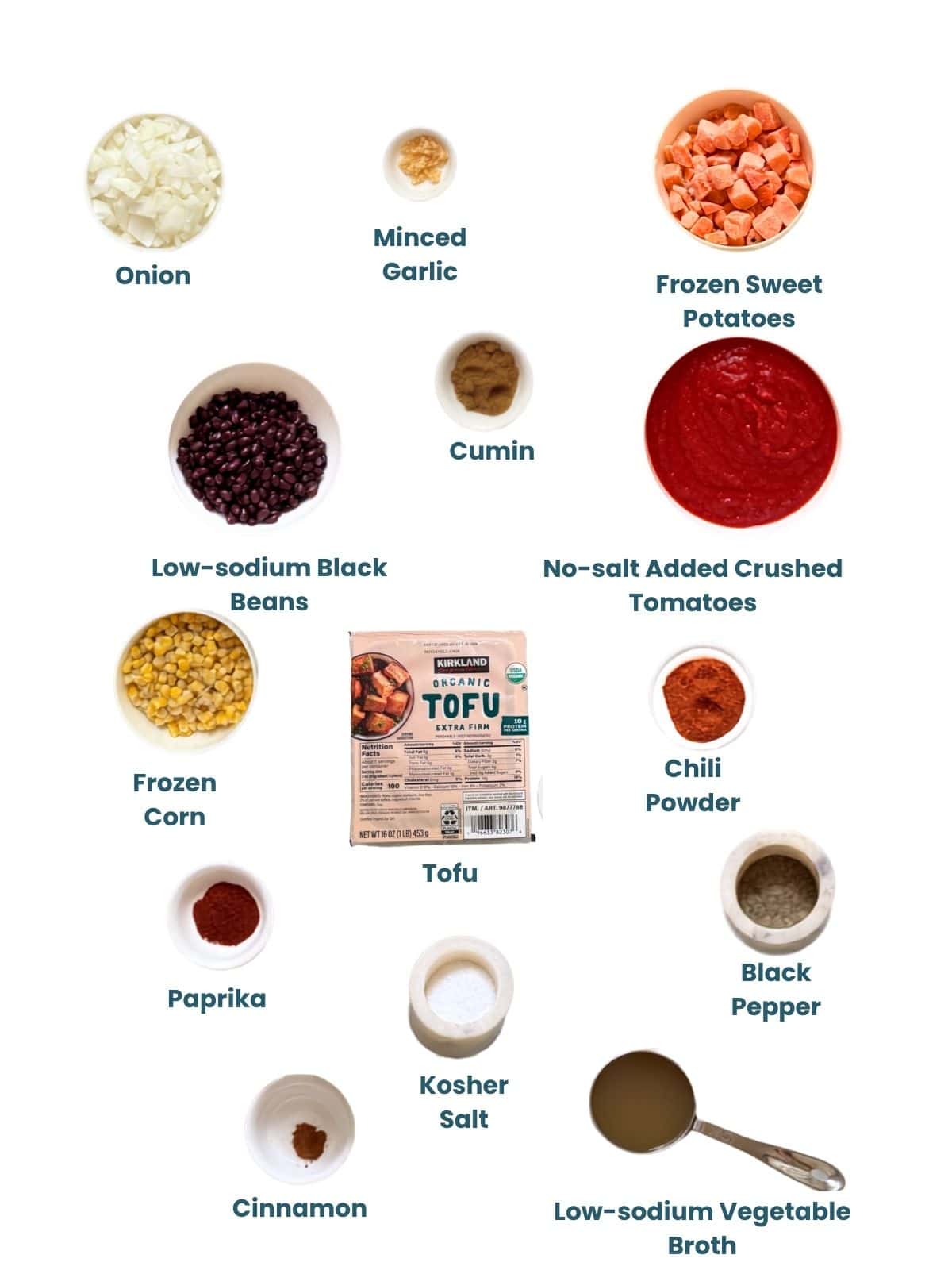 Ingredients for vegan sweet potato chili laid out in small bowls, including onion, garlic, frozen sweet potatoes, black beans, corn, crushed tomatoes, tofu, and spices